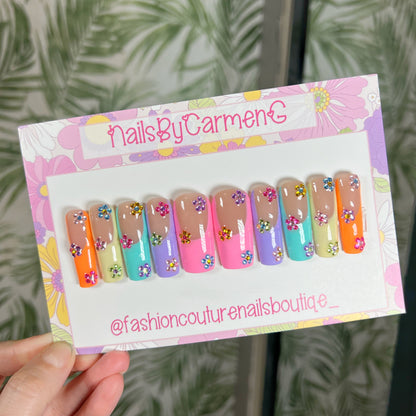 Rainbow tip with rhinestone flowers Acrylic Press on nails