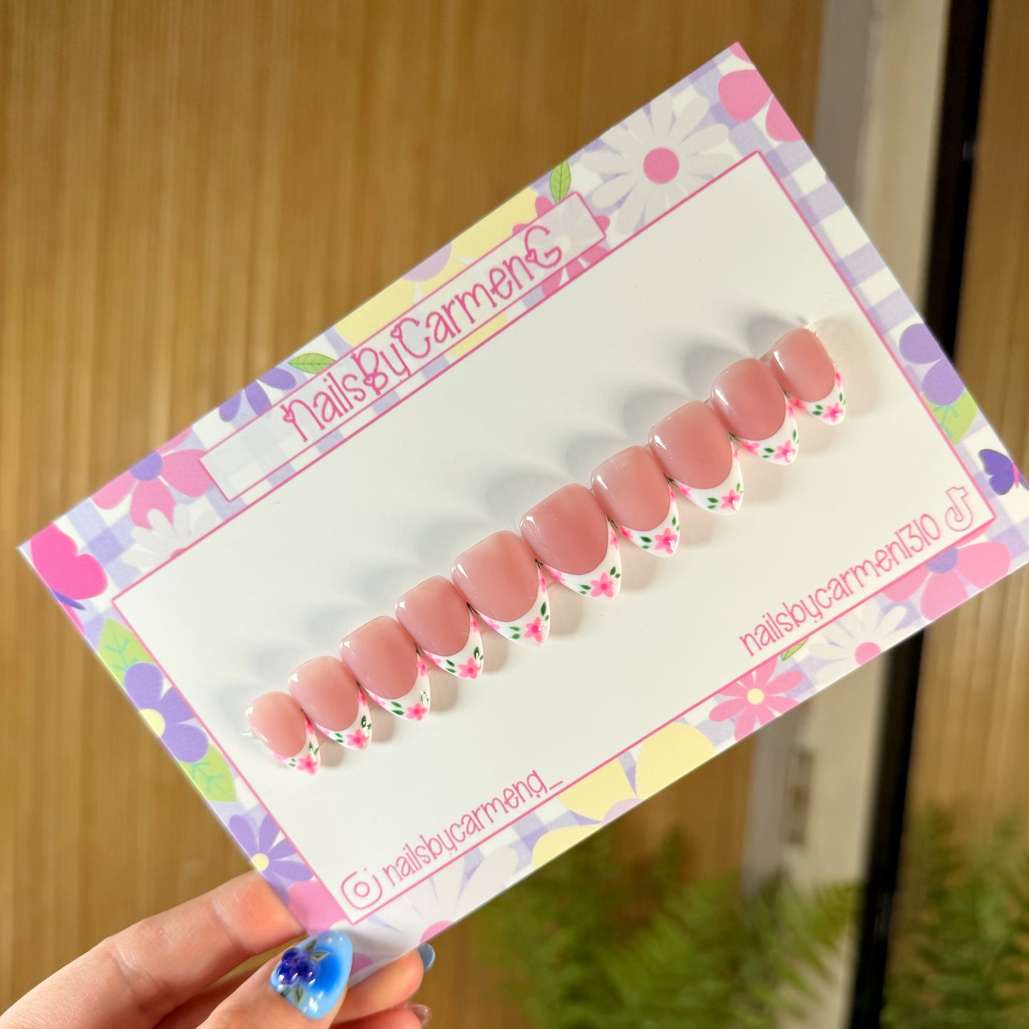 Pink floral spring French tip Acrylic Press on nails