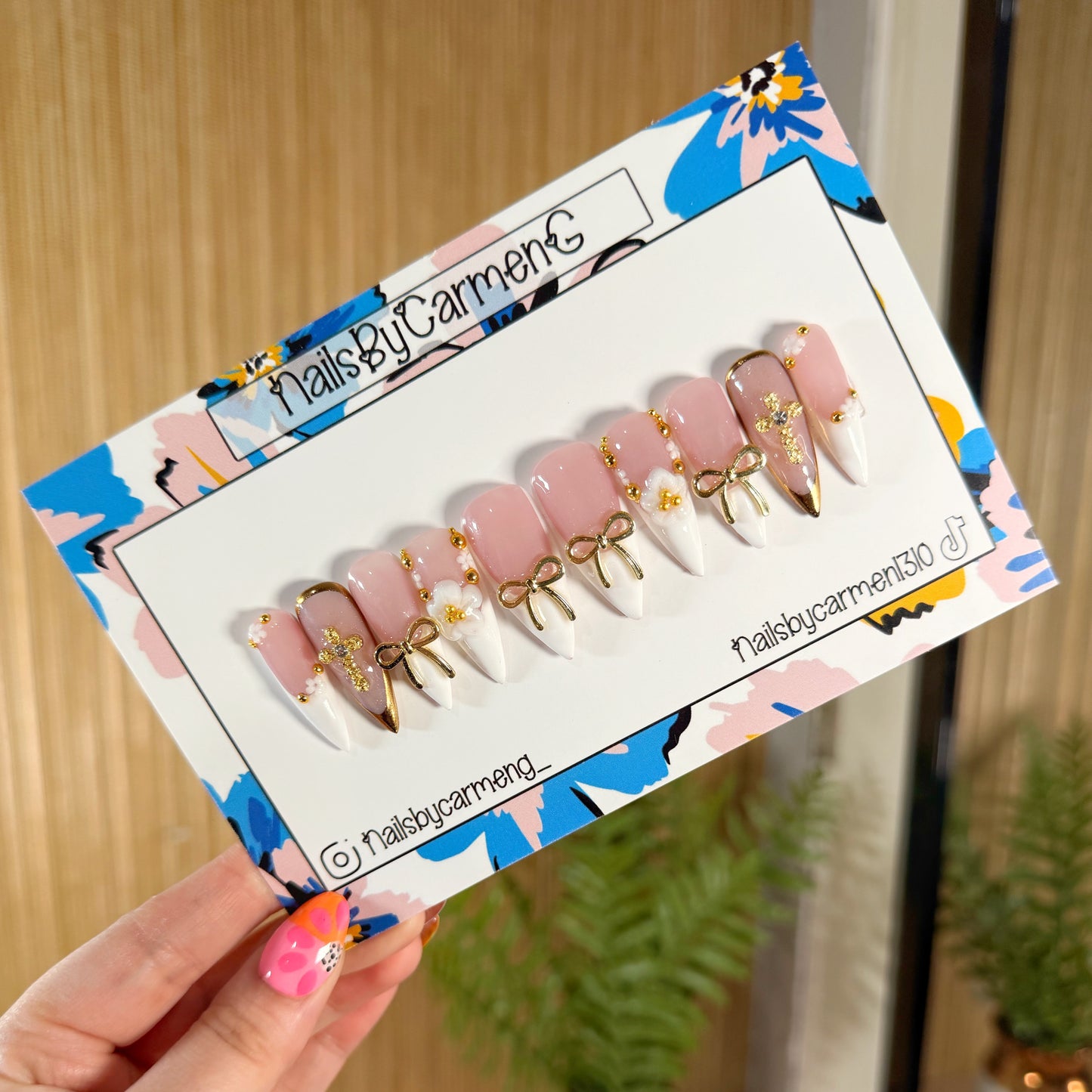 White French tip with gold bows Acrylic Press on nails