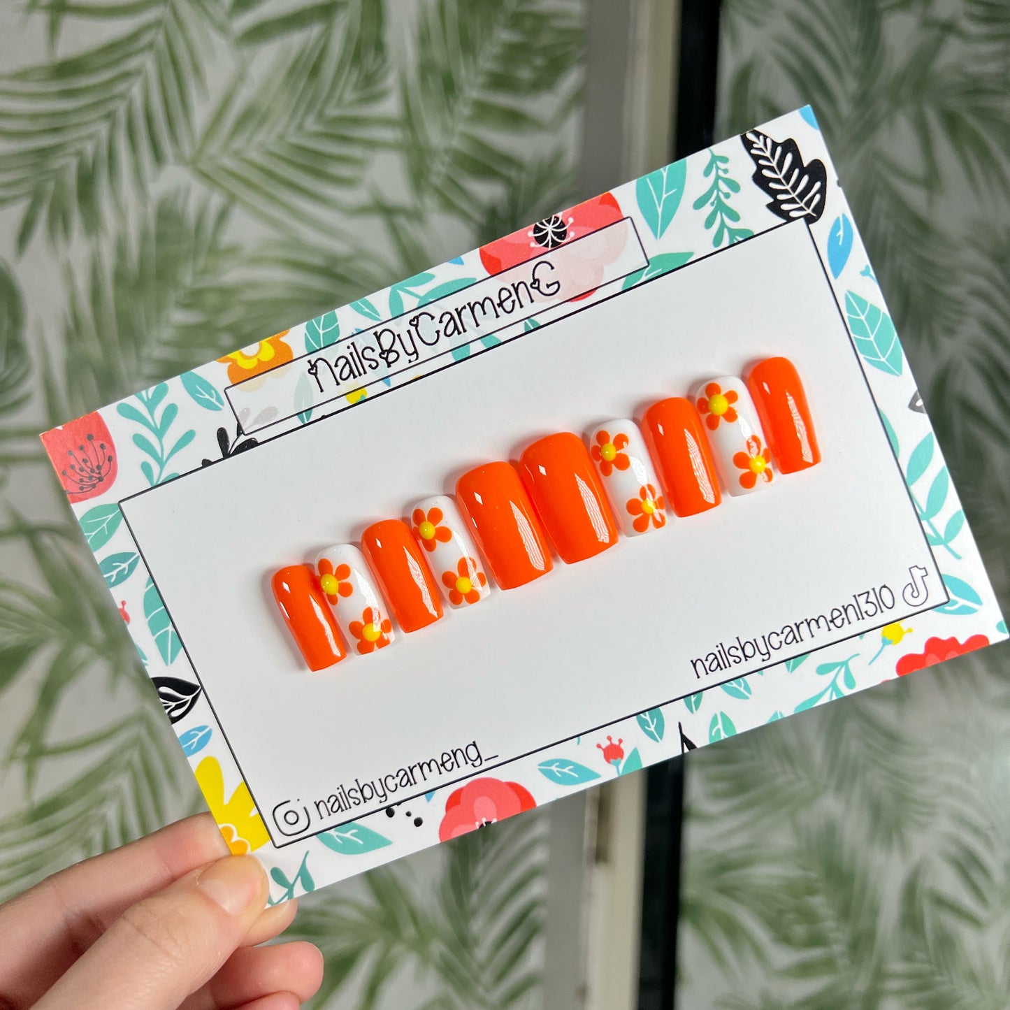 Orange Floral Press On Nails