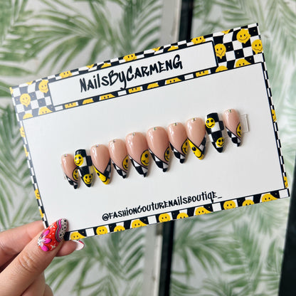 Checker print and smiles Acrylic Press on nails