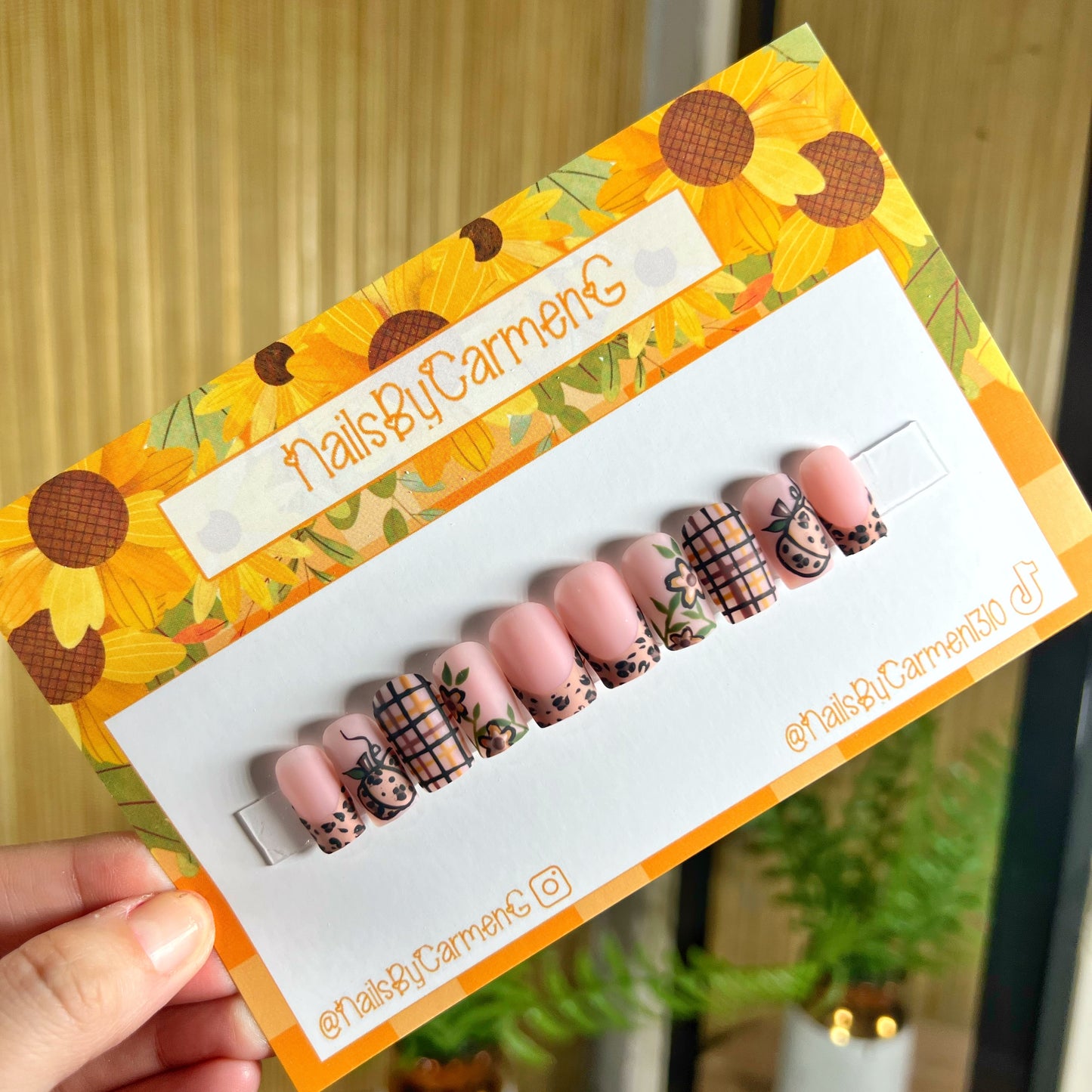 Pumpkin cheetah plaid French tip Acrylic Press on nails