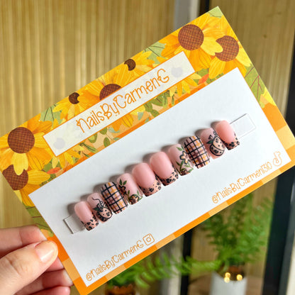 Pumpkin cheetah plaid French tip Acrylic Press on nails