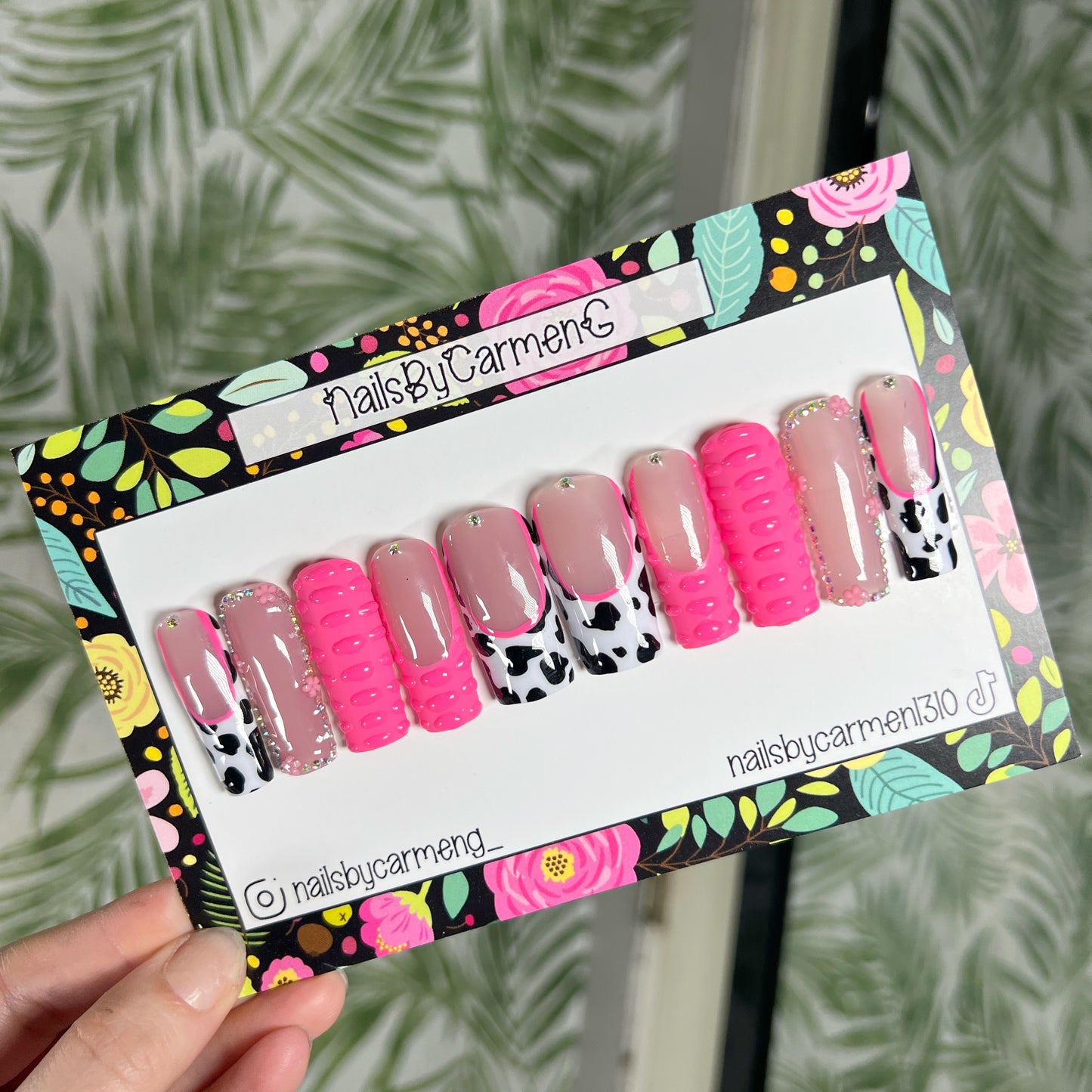 Pink cow print and 3D croc Acrylic Press on nails