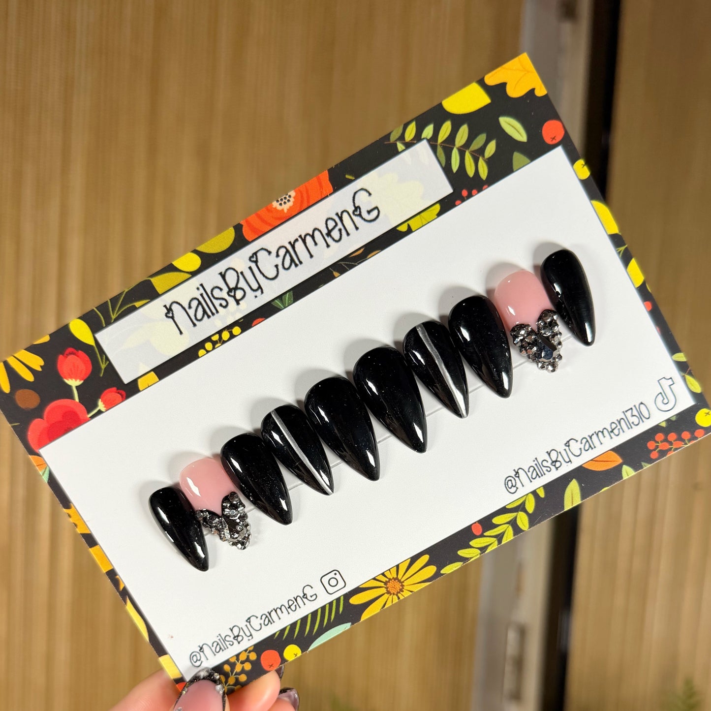 Black Metallic rhinestone heart French tip Acrylic Press on nails