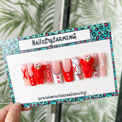 Red and White Kaws charms Acrylic Press on nails