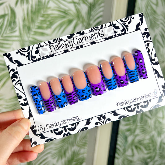 Blue and purple animal print French Tip Acrylic Press on nails