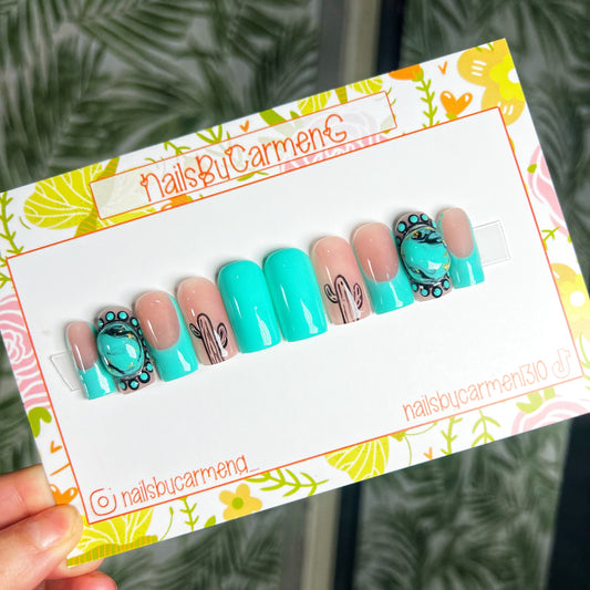 Teal turquoise stone western Acrylic Press on nails