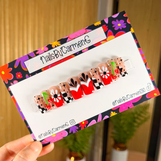 Heart Cherries Checkered Print Acrylic Press on nails