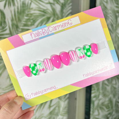 Pink cherry checked Acrylic Press on nails
