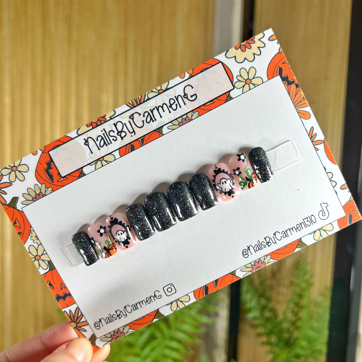 Black glitter ghost in frame and pumpkins Acrylic Press on nails