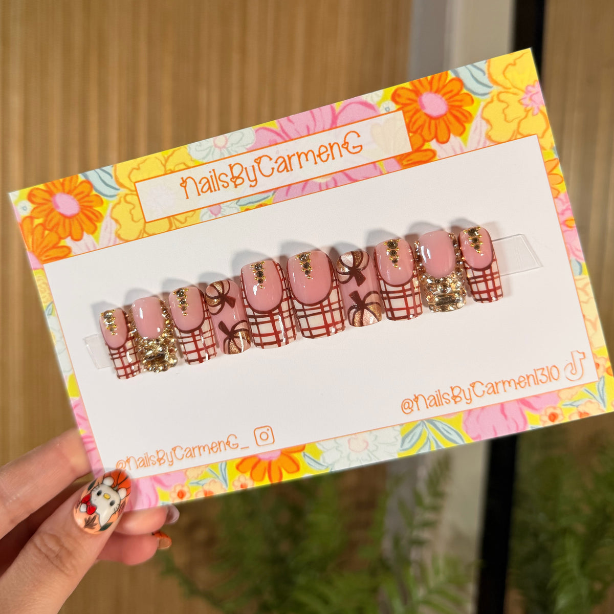 Plaid pumpkin Cat Eye Acrylic Press on nails