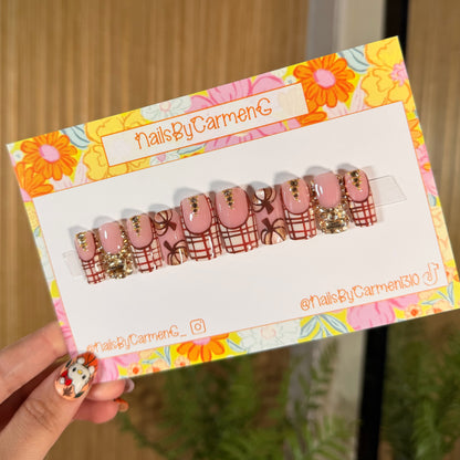 Plaid pumpkin Cat Eye Acrylic Press on nails