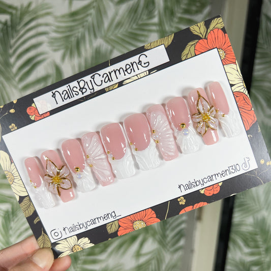 White gold 3D pearls Acrylic Press on nails