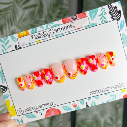 Pink yellow orange spring retro Acrylic Press on nails