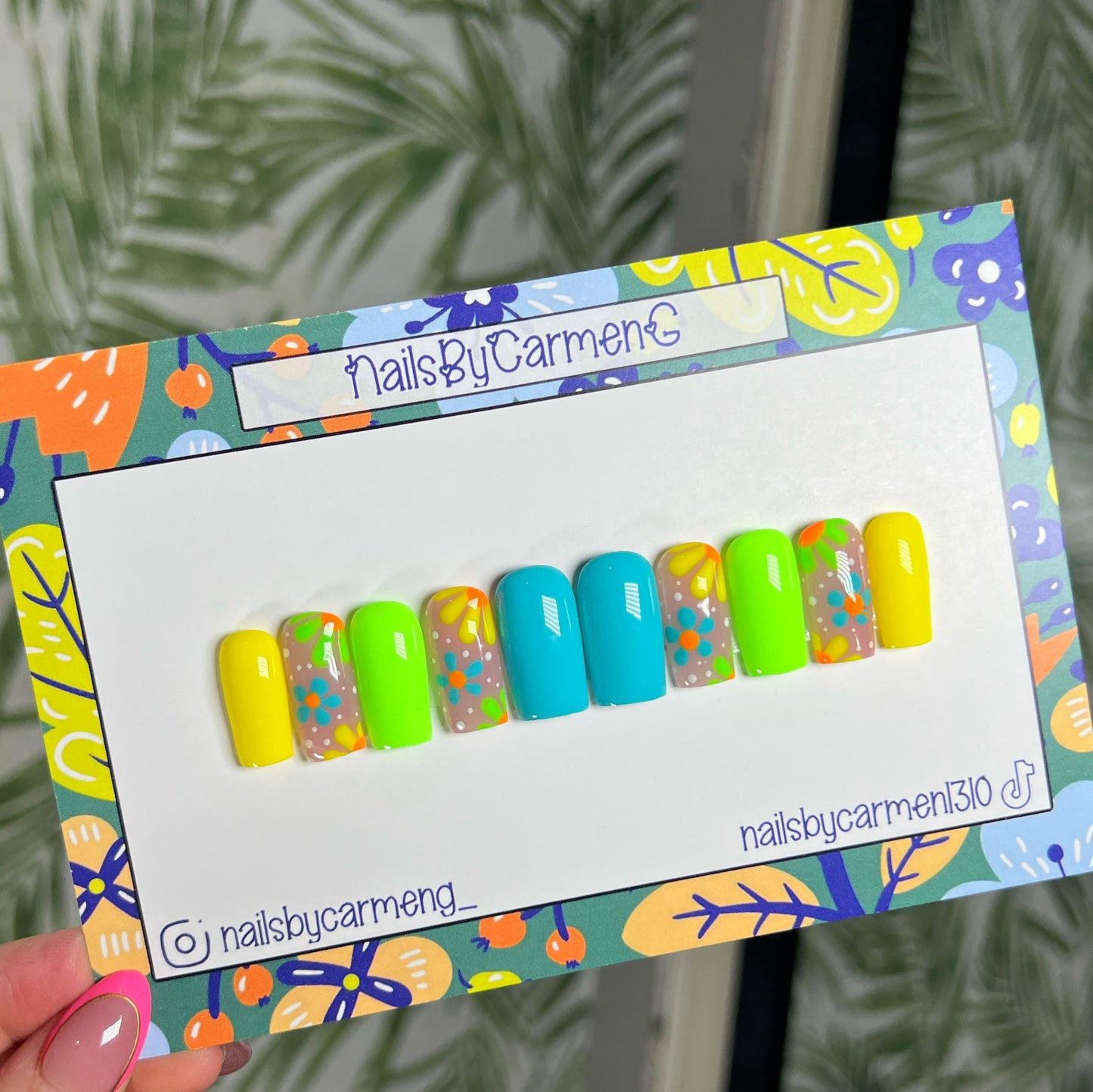 Teal green and yellow florals Acrylic Press on nails