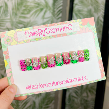 Neon Animal print and galaxy charms Acrylic Press on nails