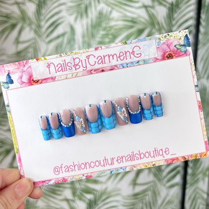 Blue croc and butterfly French tip Acrylic Press on nails