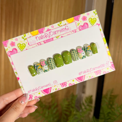 Green dots and flowers Acrylic Press on nails