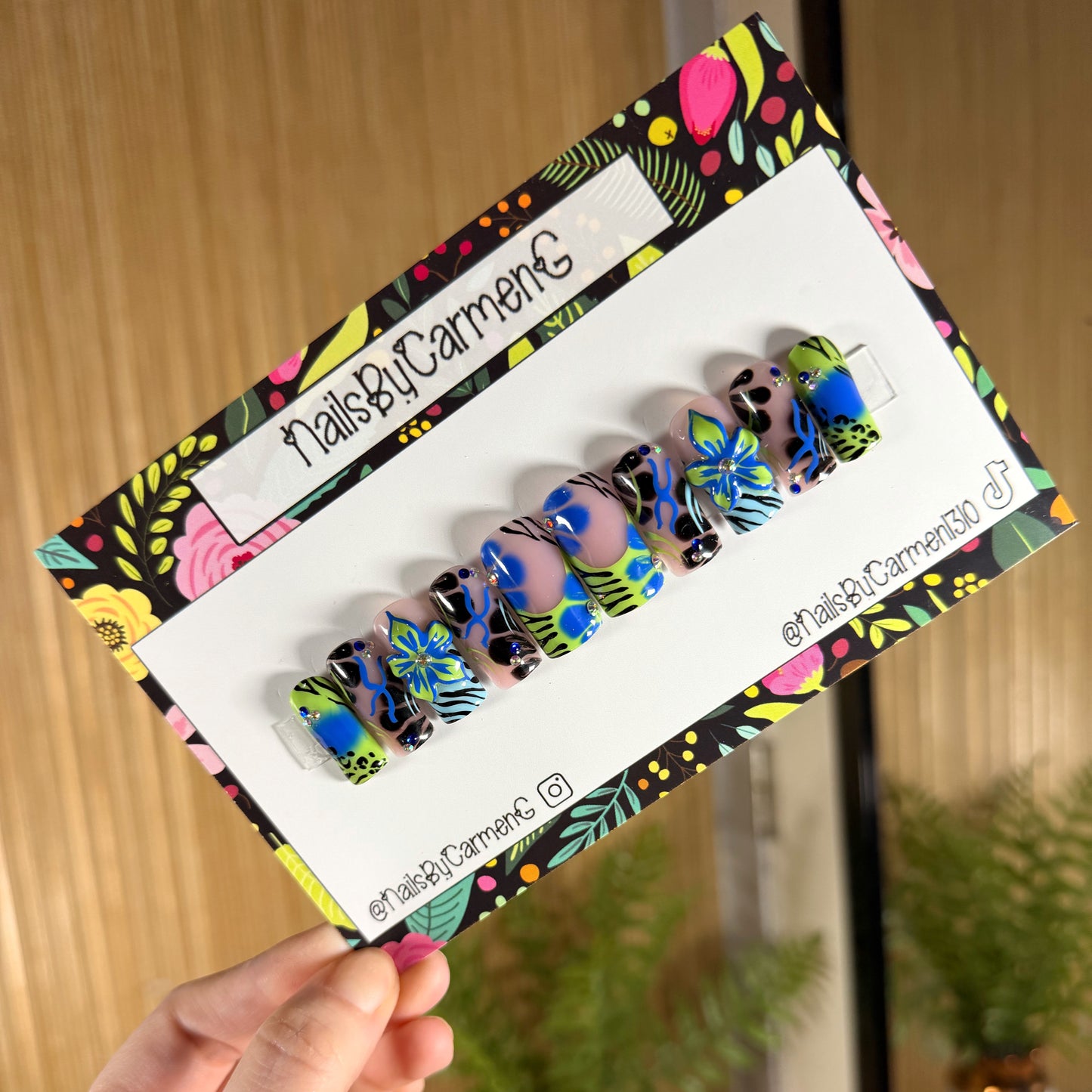 Blue green 3d floral Acrylic Press on nails