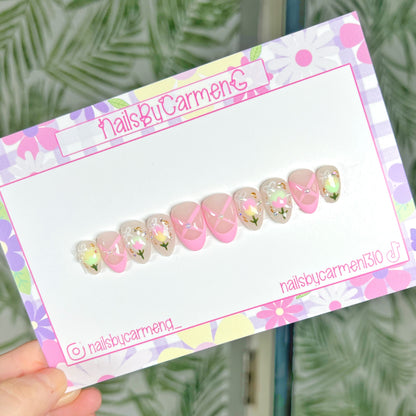 Pink Ballerina French tip and tulips Acrylic Press on nails