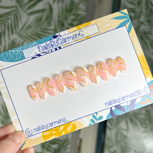White & Gold Abstract Swirl Press On Nails