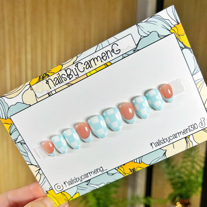 Blue checkered print French tip Acrylic Press on nails