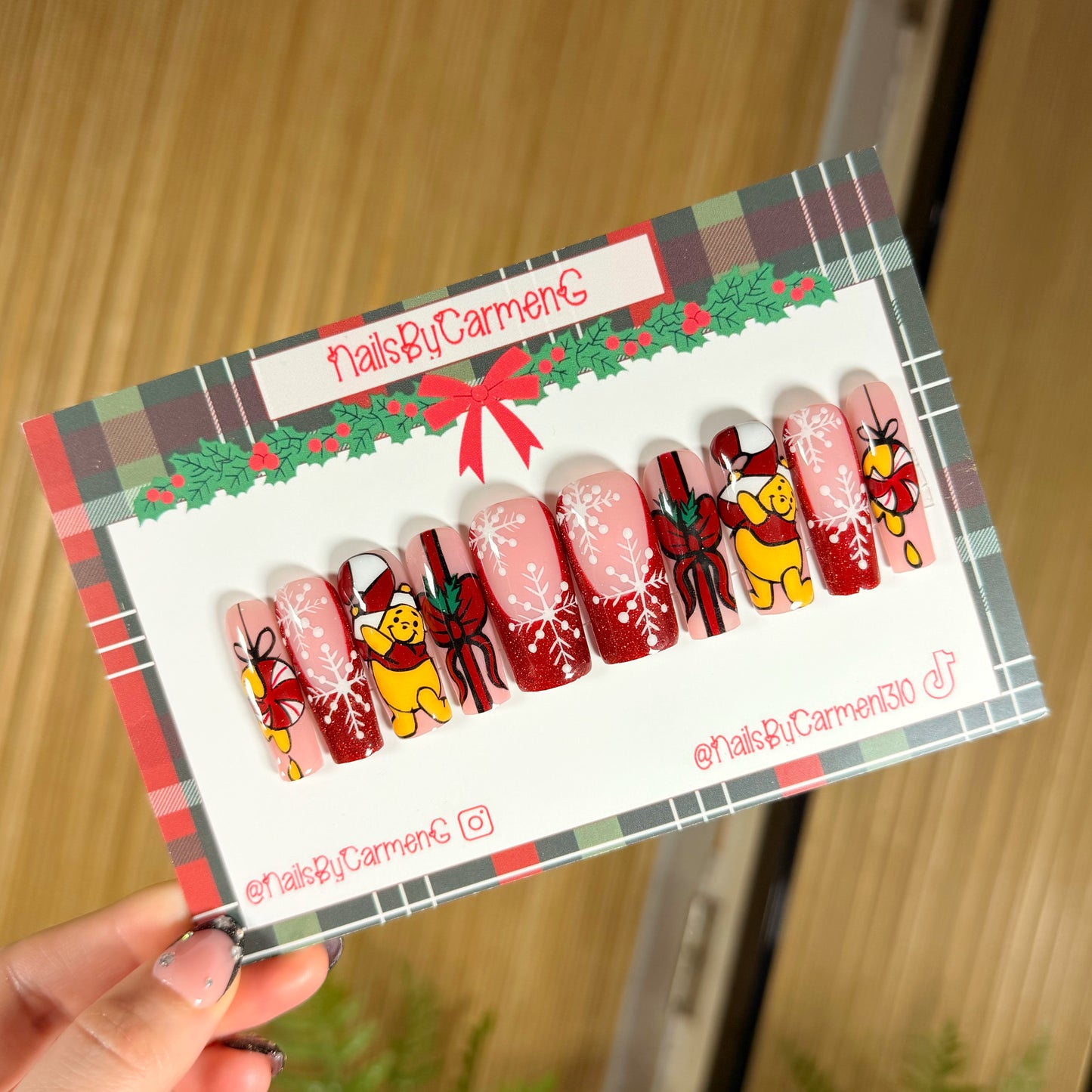 Christmas Winnie the Pooh candy canes  Acrylic Press on nails