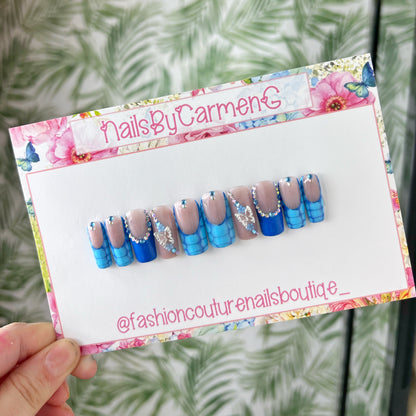 Blue croc and butterfly French tip Acrylic Press on nails