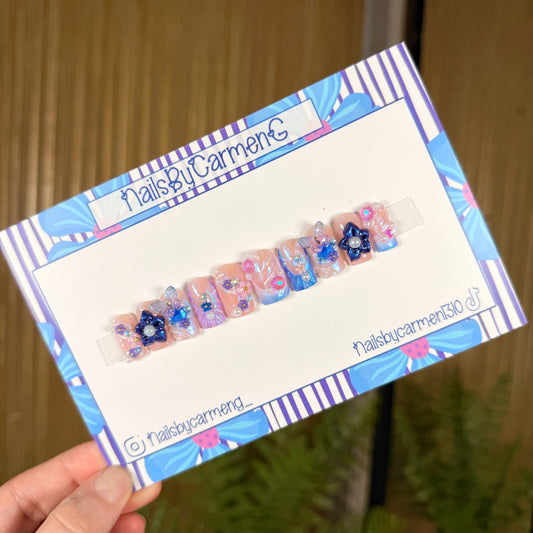 Purple blue ombré 3d floral Acrylic Press on nails