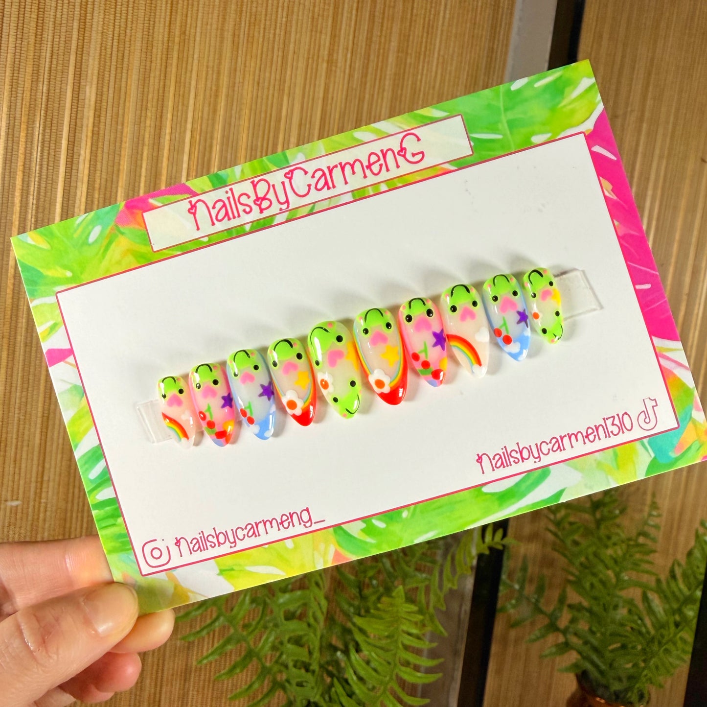 Rainbow Frogs French Tip Acrylic Press On Nails