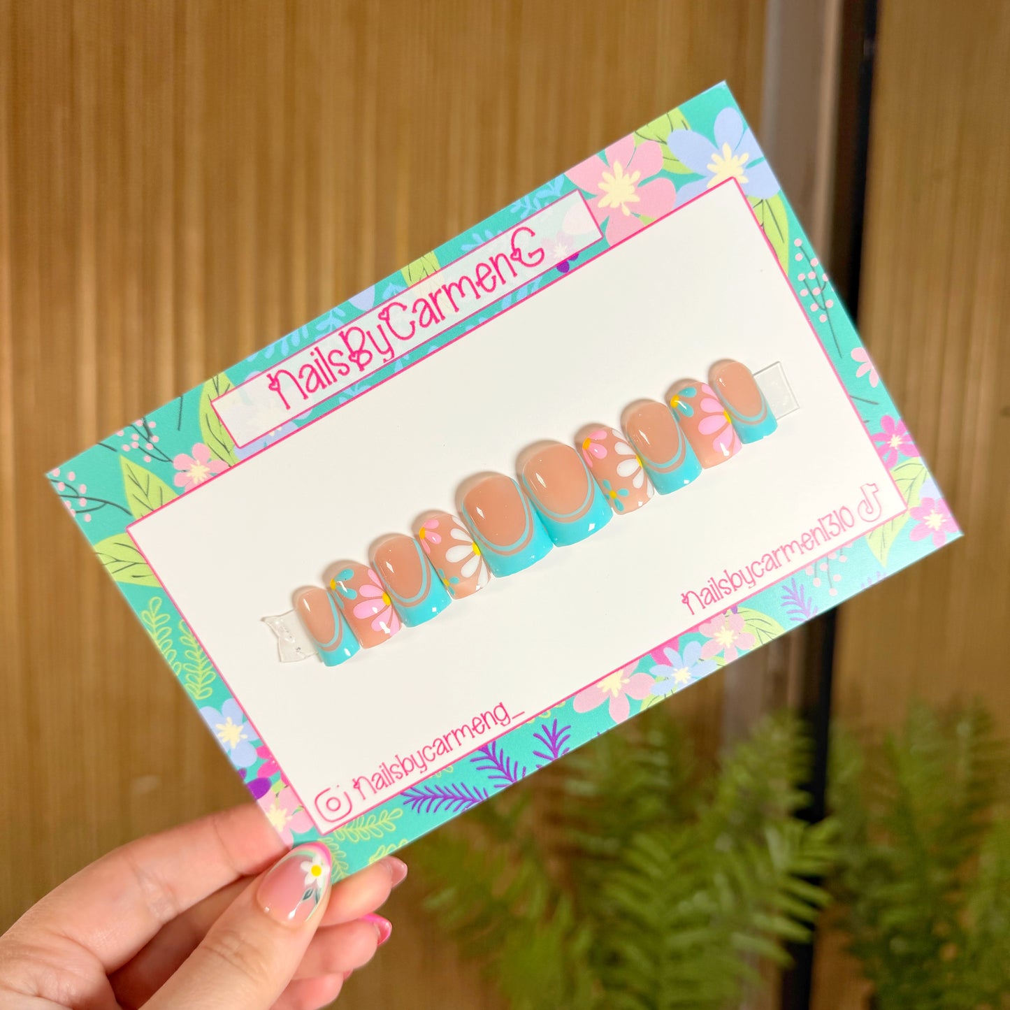 Teal French tip florals Acrylic Press on nails