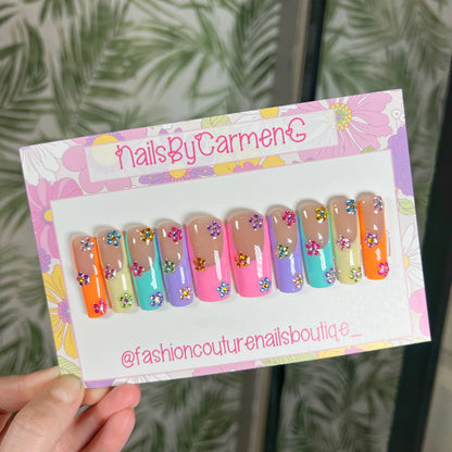 Rainbow tip with rhinestone flowers Acrylic Press on nails