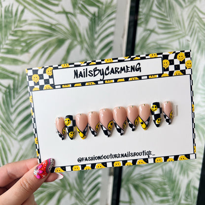 Checker print and smiles Acrylic Press on nails