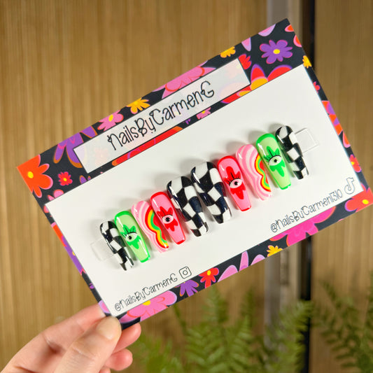 Evil eye flowers Checkered  Acrylic Press on nails