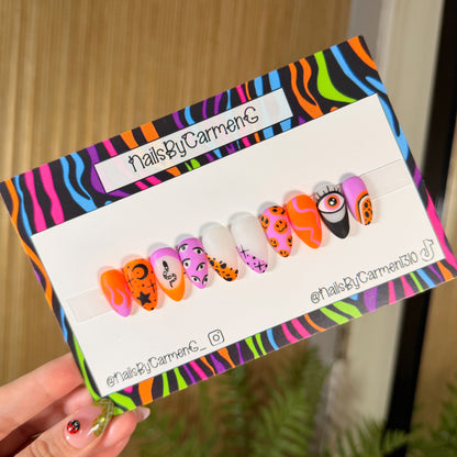 Trippy orange and purple evil eye Acrylic Press on nails