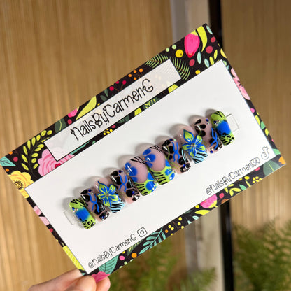 Blue green 3d floral Acrylic Press on nails