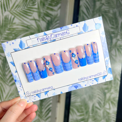 Blue croc and butterfly French tip Acrylic Press on nails