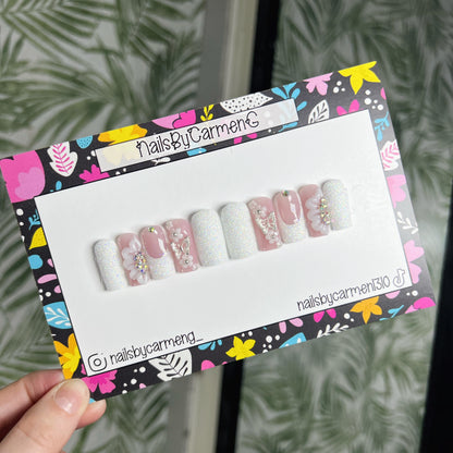 White glitter ombré 3D flowers Acrylic Press on nails