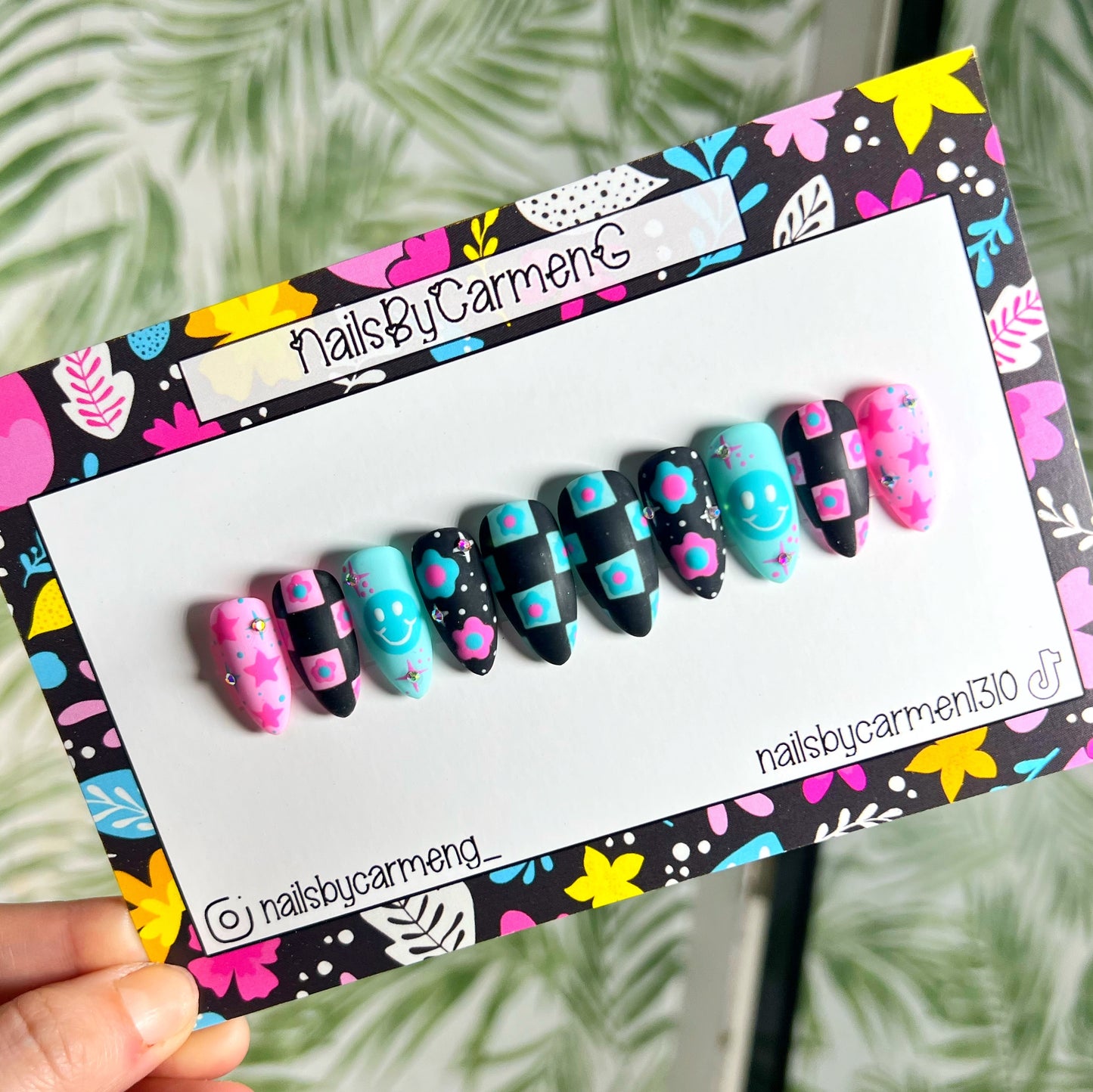 Teal and Pink Acrylic Press on nails