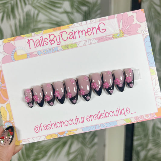 Cherry blossom Black French tip Acrylic Press on nails