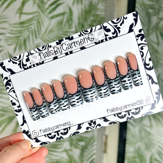Grey zebra print French Tip Acrylic Press on nails