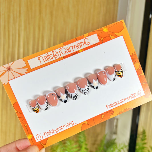 Flower animal print French tip Acrylic Press on nails