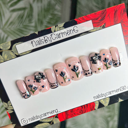 Black Tulips French tip Acrylic Press on nails