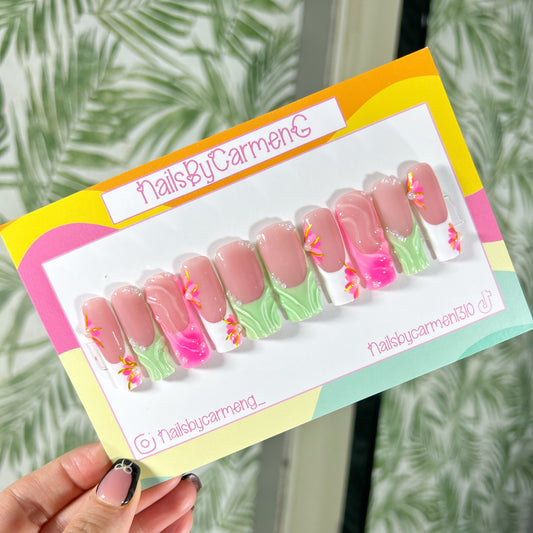 Pastel green spring floral Acrylic Press on nails