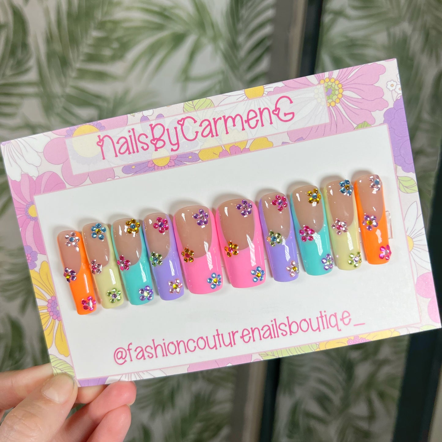 Rainbow tip with rhinestone flowers Acrylic Press on nails