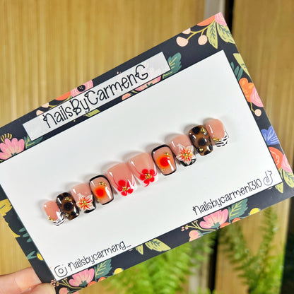 Red floral tortoise Acrylic Press on nails