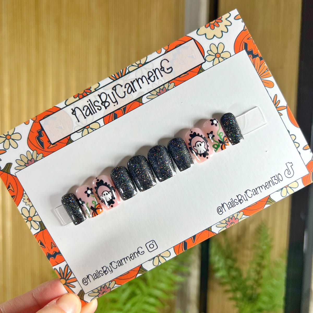Black glitter ghost in frame and pumpkins Acrylic Press on nails