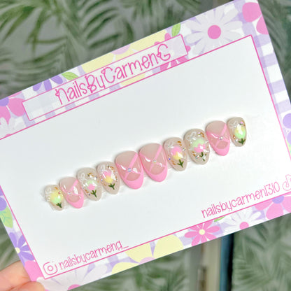 Pink Ballerina French tip and tulips Acrylic Press on nails