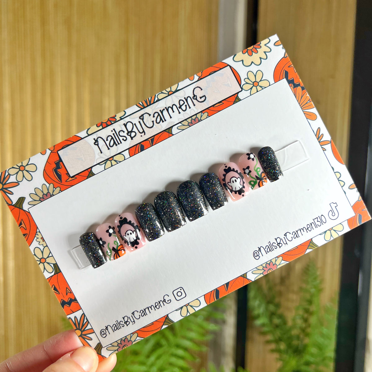 Black glitter ghost in frame and pumpkins Acrylic Press on nails